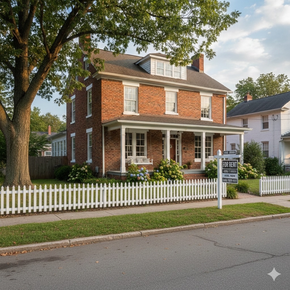 house with a for rent sign in front